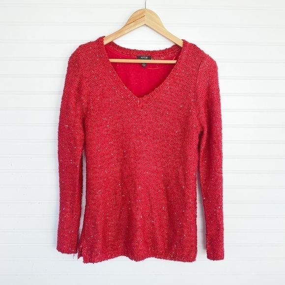 Red shimmer vneck sweater, lined Size PL - Picture 1 of 13